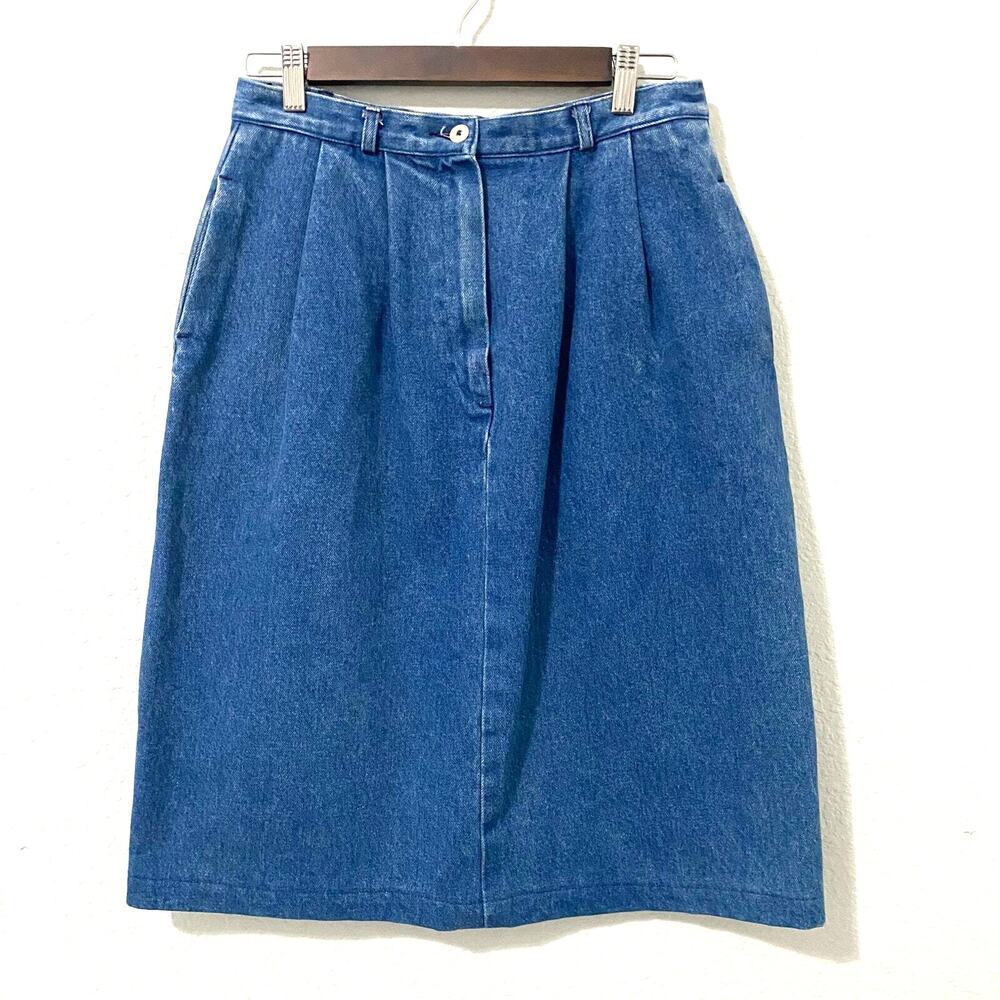 Vintage Harold’s Denim Skirt Womens Medium Blue Pleated Below Knee Classic 90s